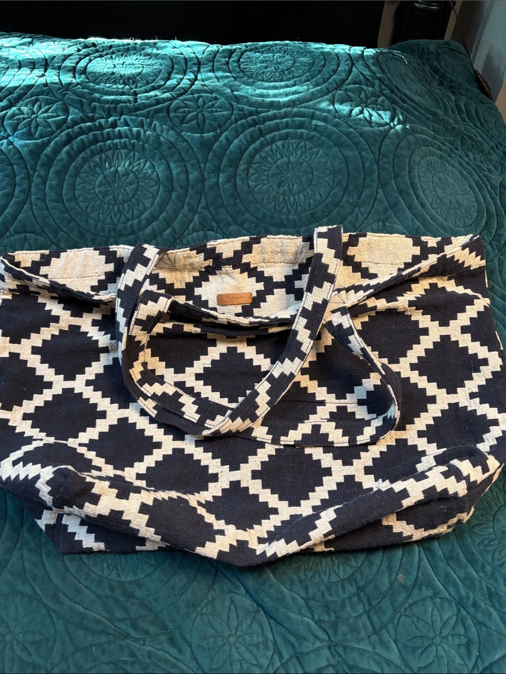 Madewell Black and Cream Geometric Tote Bag with Tassel